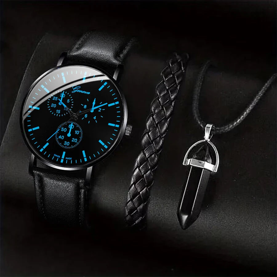 3Pcs/Set Men Business Watches Casual Leather Band Analog Male'S Quartz Watch Necklace Bracelet Set