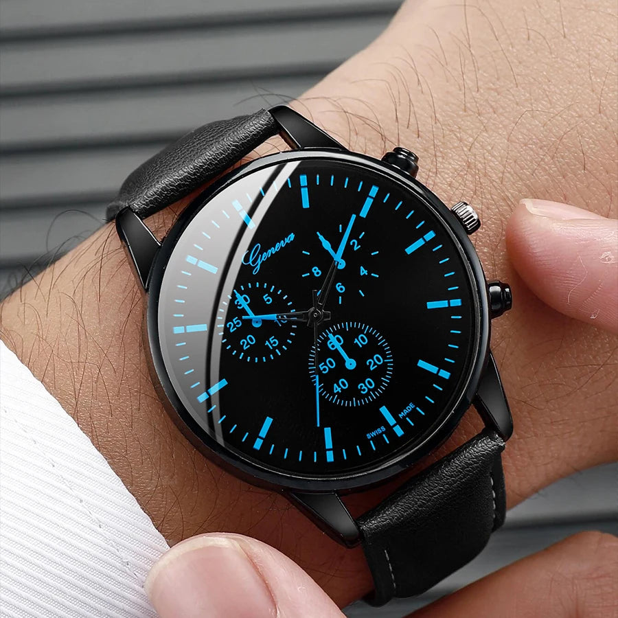 3Pcs/Set Men Business Watches Casual Leather Band Analog Male'S Quartz Watch Necklace Bracelet Set