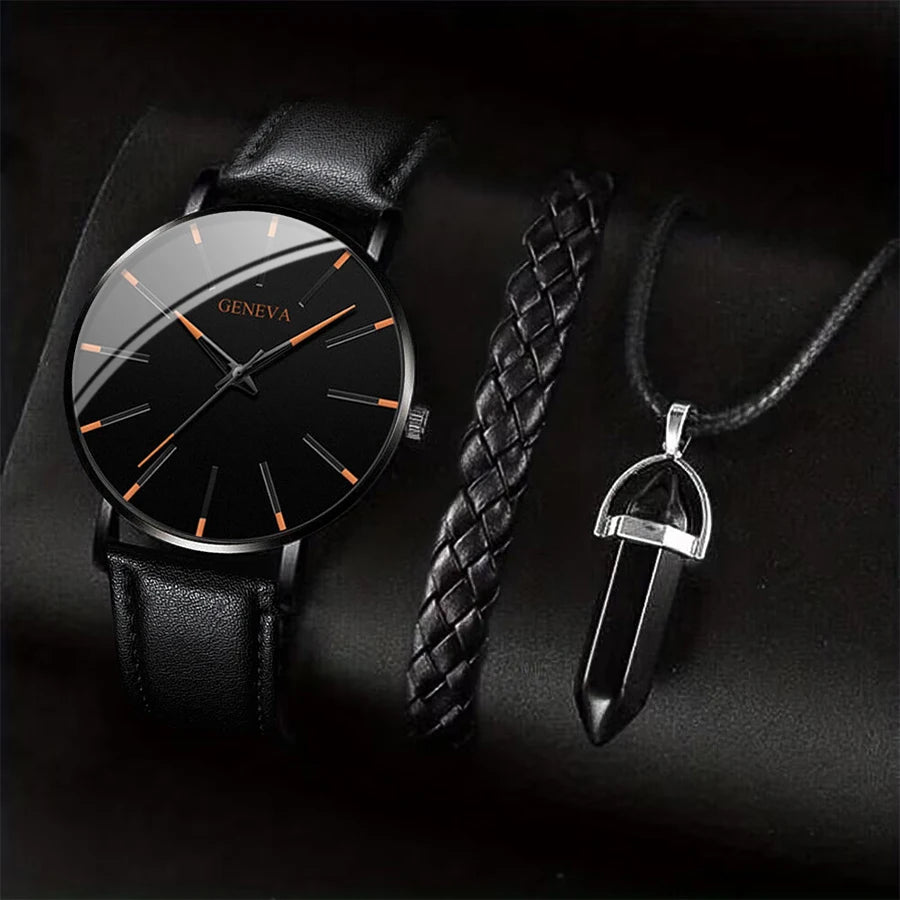 3Pcs/Set Men Business Watches Casual Leather Band Analog Male'S Quartz Watch Necklace Bracelet Set