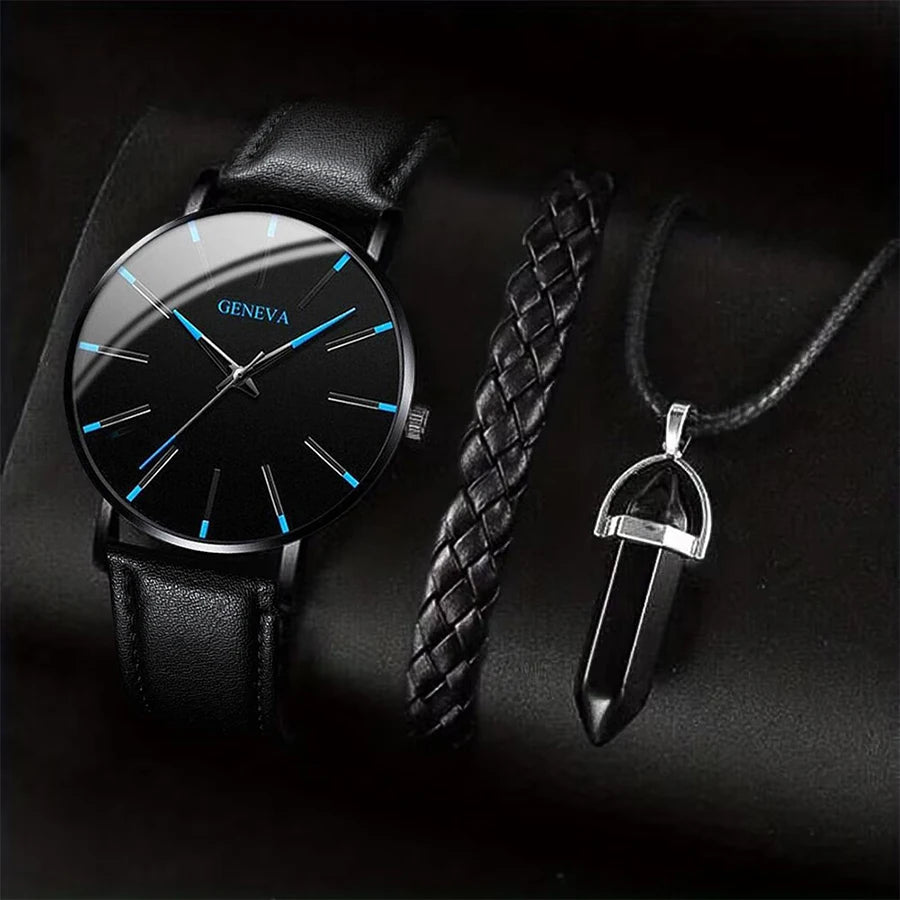 3Pcs/Set Men Business Watches Casual Leather Band Analog Male'S Quartz Watch Necklace Bracelet Set