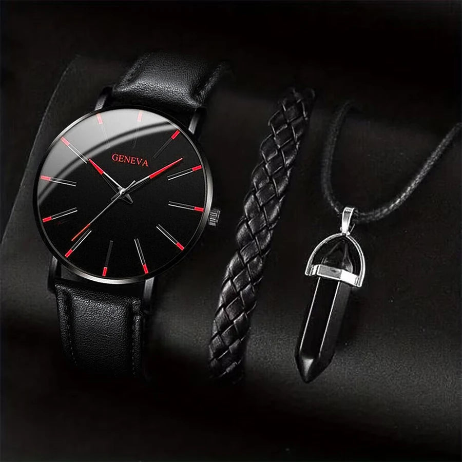 3Pcs/Set Men Business Watches Casual Leather Band Analog Male'S Quartz Watch Necklace Bracelet Set