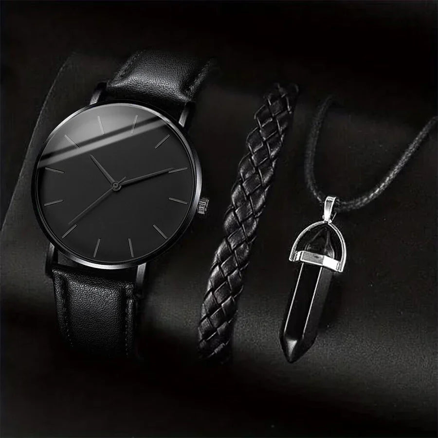 3Pcs/Set Men Business Watches Casual Leather Band Analog Male'S Quartz Watch Necklace Bracelet Set